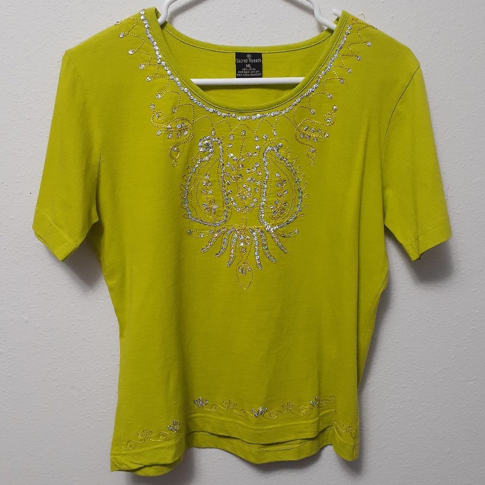 4/$25 Lime Green Sacred Threads Sequin Top M/L